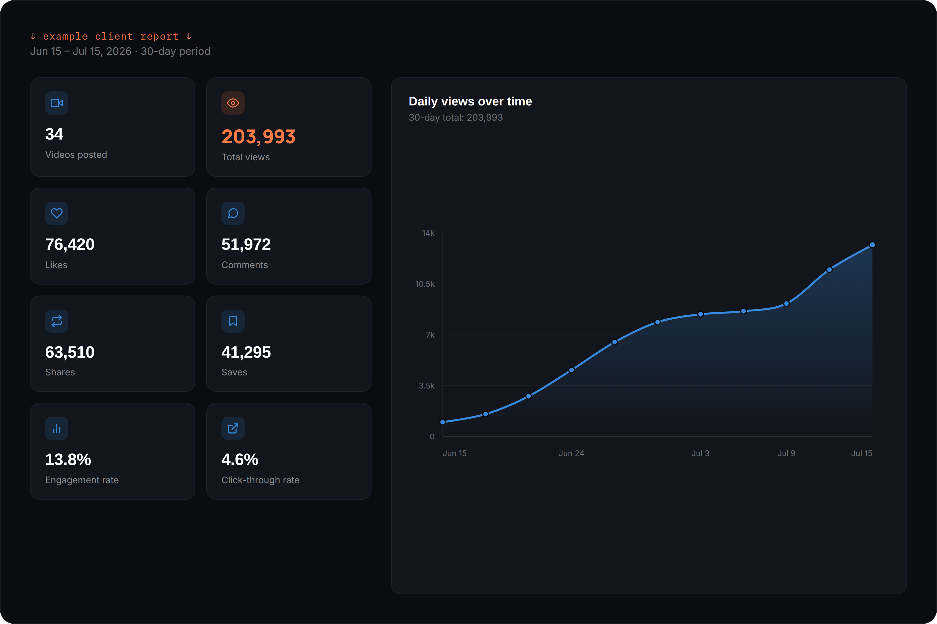 Example social media performance report showing 30-day totals — 203,993 views, 76,420 likes, 13.8% engagement — alongside a chart of daily views climbing from around 1,000 to over 13,000 per day.