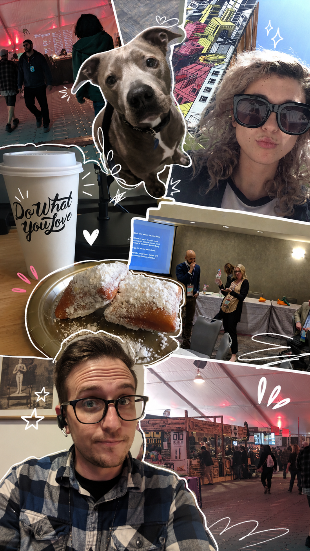 Scrapbook-style photo collage of the Slopriot team — candid event and work-trip snapshots, a dog, coffee, beignets, and doodle accents.